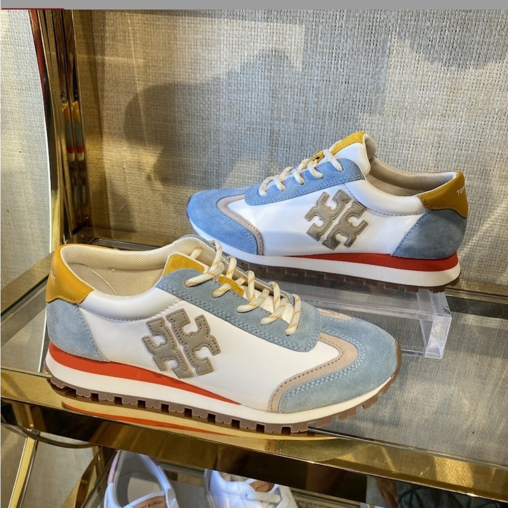 Tory Burch White Light Blue and Mustard Suede Trim Athletic Sneakers - Picture 3 of 9